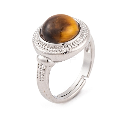 Natural Tiger Eye Round Adjustable Rings RJEW-K271-04P-12-1