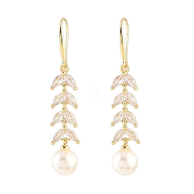 Leaf Brass Micro Pave Clear Cubic Zirconia Dangle Earrings EJEW-C172-03G-1