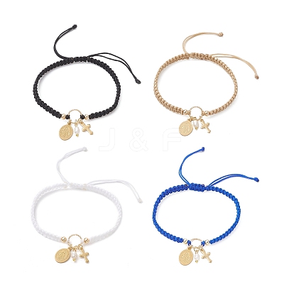 Oval with Virgin Mary & Cross 304 Stainless Steel & Natural Freshwater Pearl Charm Bracelets BJEW-JB12928-1
