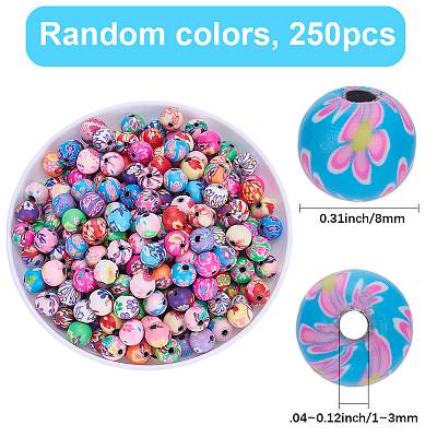 250Pcs Flower Printed Handmade Polymer Clay Beads CLAY-SP0001-18-1