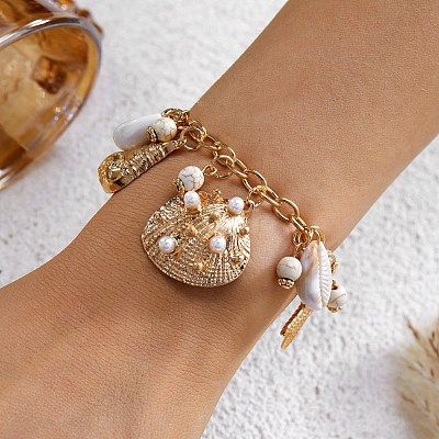 Ocean Alloy Enamel Starfish Shell Shape Multi Charm Round Plastic Beaded Stretch Bracelets for Women WG120C7-03-1
