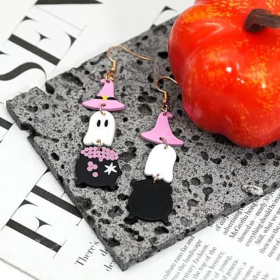 Witch Hat with Ghost Acrylic Dangle Earrings FS-WG1324F-01-1