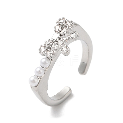 Rack Plating Brass Cubic Zirconia Bowknot Open Cuff Rings for Women RJEW-S407-05P-1
