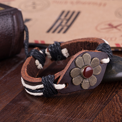 Adjustable Casual Unisex Flower Leather Bracelets BJEW-BB15621-1