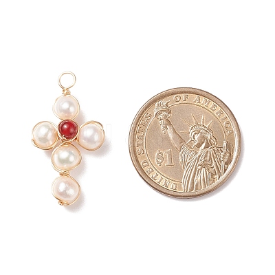 Natural Carnelian & White Freshwater Pearl Pendants PALLOY-JF01660-03-1