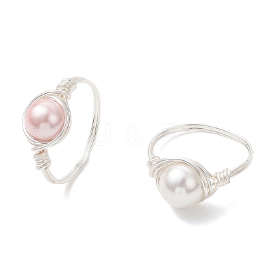 2Pcs Copper Wire Wrapped Shell Pearl Round Bead Finger Rings RJEW-JR00973-1