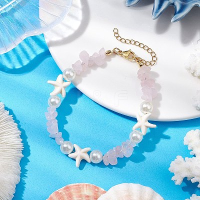 Starfish Synthetic Turquoise & Natural Rose Quartz Chip Beaded Bracelets for Women BJEW-JB11264-03-1