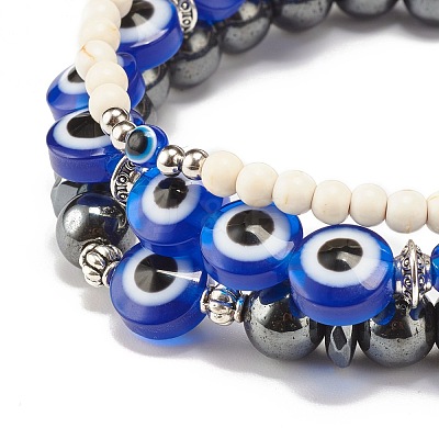 3Pcs 3 Style Synthetic Turquoise(Dyed) & Hematitie Round Beaded Stretch Bracelets Set BJEW-JB07620-1