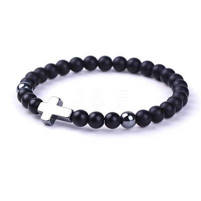 Natural Frosted Black Stone & Synthetic Non-magnetic Hematite Beads Stretch Bracelets for Women Men BO6196-2-1