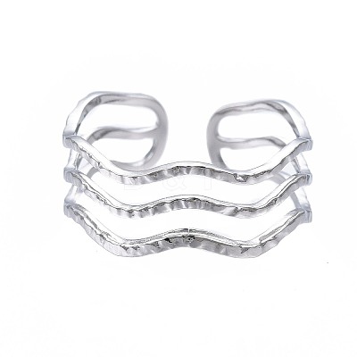 Non-Tarnish 304 Stainless Steel Triple Line Wave Open Cuff Ring LS-RJEW-T023-02P-1