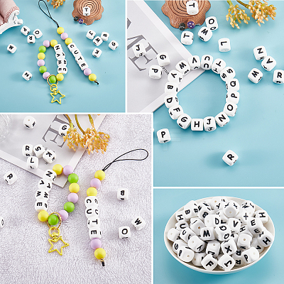 20Pcs White Cube Letter Silicone Beads 12x12x12mm Square Dice Alphabet Beads with 2mm Hole Spacer Loose Letter Beads for Bracelet Necklace Jewelry Making JX432O-1