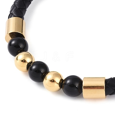 Round Natural Black Onyx(Dyed & Heated) Beads Braided Leather Cord Bracelets BJEW-A009-01G-1