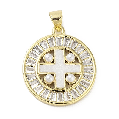 Rack Plating Brass Micro Pave Clear Cubic Zirconia Enamel Pearl
Pendants KK-R163-01A-G-1