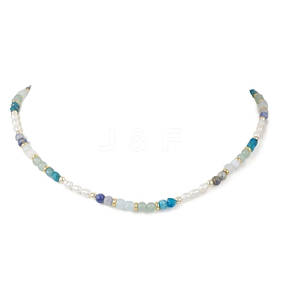 Natural Aquamarine & Sodalite & Green Aventurine Round Cube and Natural Pearl Rice Beaded Necklaces NJEW-JN05868-01-1