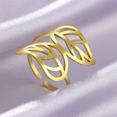 Hollow Out Leaf 201 Stainless Steel Adjustable Cuff Rings FS-WG4978C-02-1