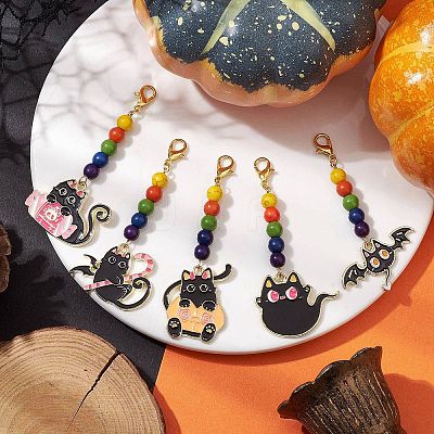 5Pcs 5 Styles Halloween Cat Alloy Enamel Pendant Decorations HJEW-JM01928-1