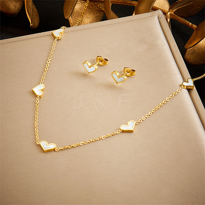 Heart Stainless Steel & Natural Shell Necklaces & Stud Earrings Sets FS-WGB84F7-02-1