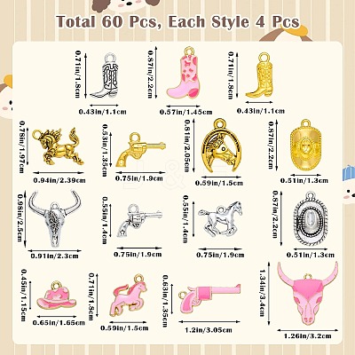 60Pcs 15 Styles West Cowboy Alloy Pendants FIND-SZ0019-69-1