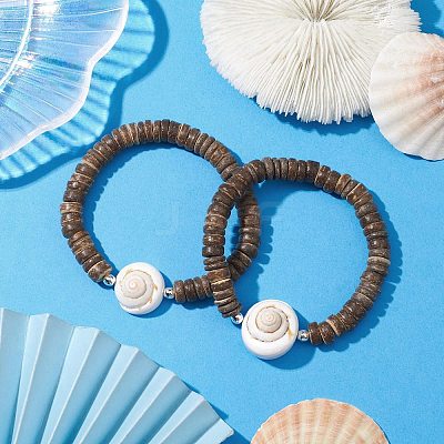 Natural Coconut Rondelle Beaded Stretch Bracelets BJEW-JB10250-02-1