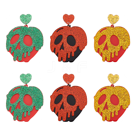 ANATTASOUL 3 Pairs 3 Colors Halloween Pumpkin with Skull Acrylic Dangle Stud Earrings EJEW-AN0002-19-1