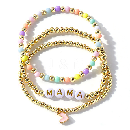 3Pcs Summer Fashionable Acrylic Bead Stretch Bracelet Sets with Heart Pendant and Brass Beads for Women LH3373-1