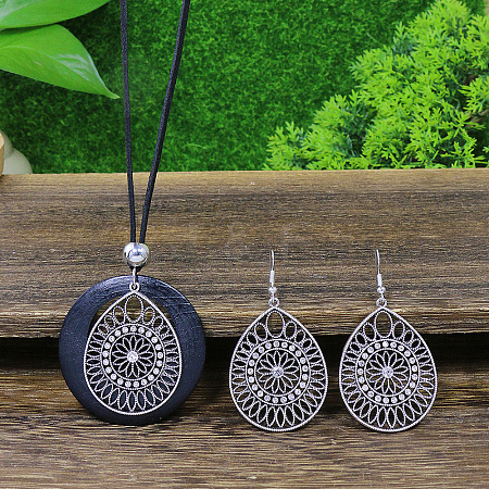 Ethnic Style Alloy & Wood Pendant Necklaces & Dangle Earrings Sets WGEBD92-02-1