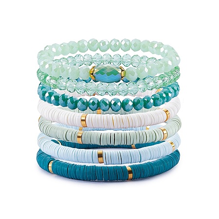 7Pcs 7 Style Handmade Polymer Clay Heishi Surfer Stretch Bracelets Set BJEW-SW00073-03-1