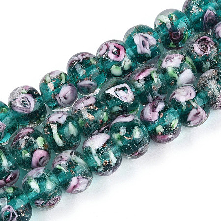 Handmade Lampwork Inner Flower Rondelle Beads Strands LAMP-T022-24F-1