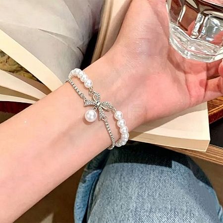 Alloy Micro Pave Clear Cubic Zirconia Bowknot Link 2-Strand Bracelets for Women AL-CBA3C8B-08P-1