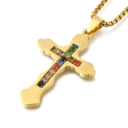 304 Stainless Steel Colorful Cubic Zirconia Cross Pendant Box Chain Necklaces NJEW-Q002-02G-1