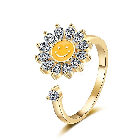 Sunflower with Smiling Face Enamel Rotatable Cuff Rings for Women RJEW-M016-07G-1