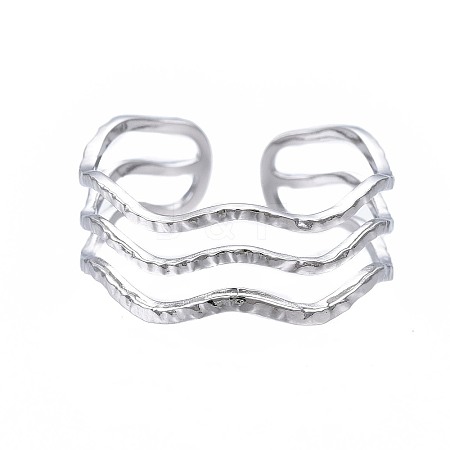Non-Tarnish 304 Stainless Steel Triple Line Wave Open Cuff Ring LS-RJEW-T023-02P-1