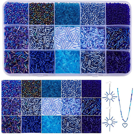 195G 15 Styles Blue Theme Round & Bugle Glass Seed Beads SEED-PH0002-65-1