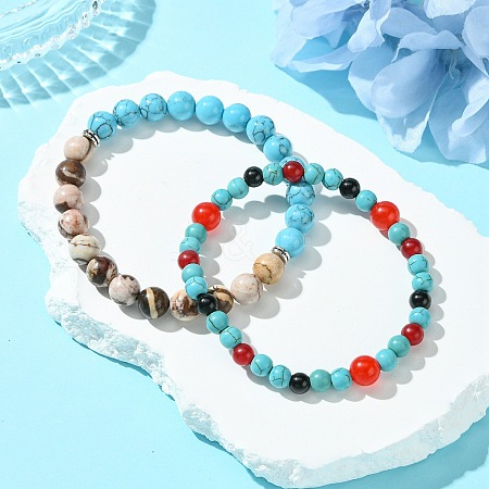 Synthetic Turquoise & Natural Black Onyx & Natural Zebra Jasper & Natural & Dyed Malaysia Jade & Natural Carnelian Stretch Bracelets BJEW-JB11474-1