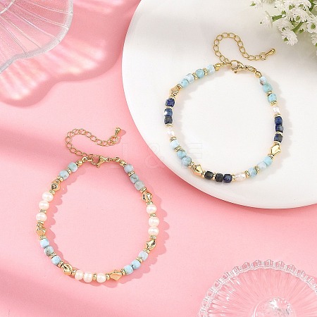 2Pcs 2 Styles Natural Lapis Lazuli and Larimar Faceted Cube Beaded Bracelet Sets with Natural Pearl for Women BJEW-JB14475-1