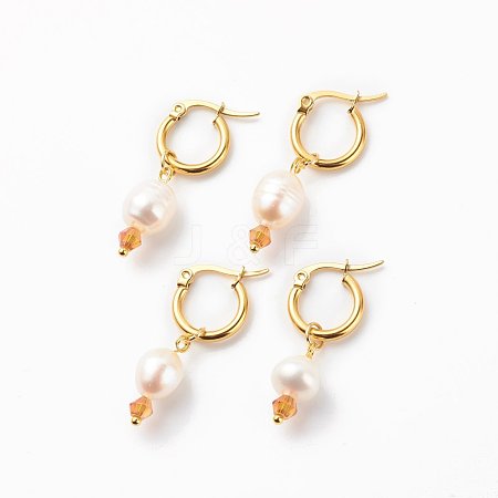 Natural Pearl & Glass Beaded Dangle Hoop Earrings EJEW-JE05009-1