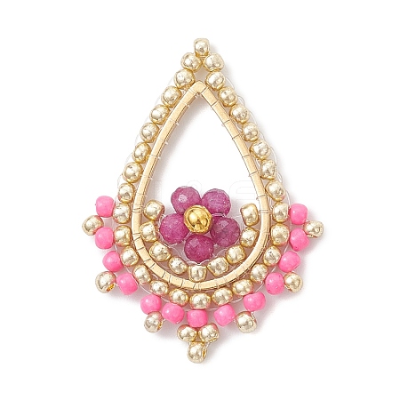 Faceted Round Natural Ruby & Glass Seed Beaded Pendants PALLOY-MZ01097-02-1