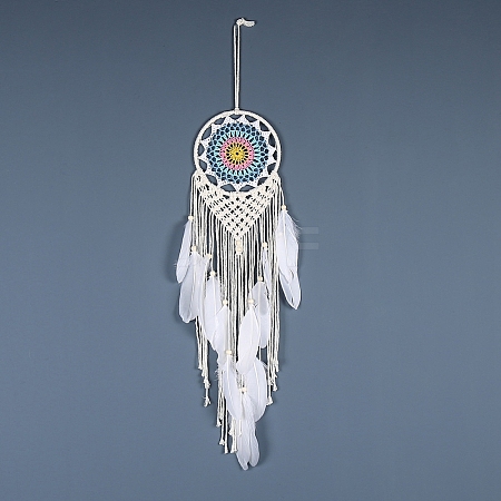 Iron Bohemian Woven Web/Net with Feather Macrame Wall Hanging Decorations PW-WG41914-06-1