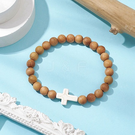 Wood Beads Stretch Bracelets for Men BJEW-JB11303-01-1