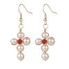 Natural Shell & Red Agate Braided Cross Dangle Earrings EJEW-JE04954-04-1