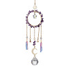 Natural Amethyst Chip Pendant Decorations with Brass Moon & Cable Chain & Electroplated Quartz Crystal Tassel HJEW-JM01650-03-1