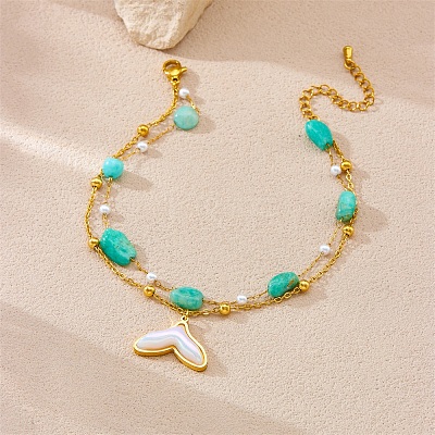 304 Stainless Steel & Plastic Pearl & Nuggets Natural Amazonite Double Layer Fish Tail Charm Anklets FS-WGF7C82-03-1