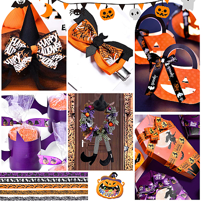 5 Rolls 5 Styles Halloween Theme Polyester Printed Grosgrain Ribbon OCOR-PH0004-42-1