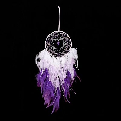 Iron Wire Woven Web/Net with Feather Pendant Decorations AJEW-B017-33-1