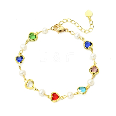 Brass Glass Colorful Heart Link Chain Bracelets with Natural Pearl Beads for Women BJEW-JB14163-1