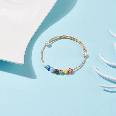 Handmade Millefiori Glass Round Beaded Cuff Bangle with Pearl BJEW-JB08327-1