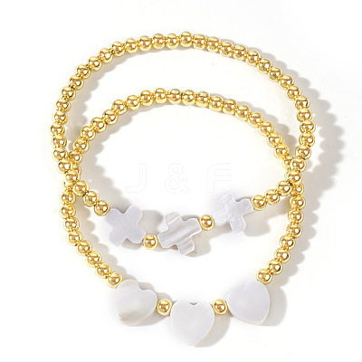 2Pcs 2 Styles European Cross Heart Natural Shell and Brass Round Beaded Stretch Bracelet Sets AC5817-1-1