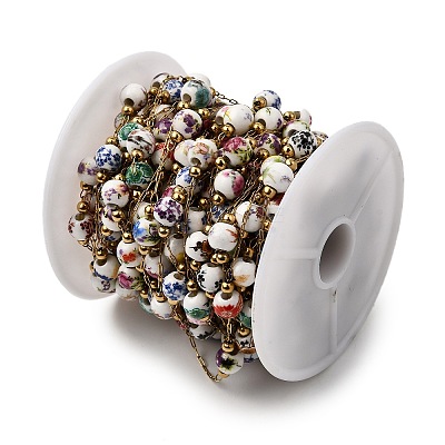 Handmade 304 Stainless Steel Porcelain Beaded Round with Flower Pattern Link Chains CHS-L032-15G-02-1