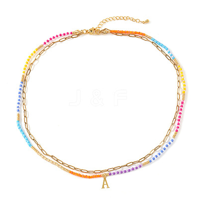 Colorful Glass Seed Beaded Initial Pendant Double Layer Necklaces QS3881-1-1