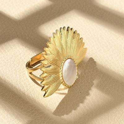 Flower 304 Stainless Steel White Shell Finger Rings for Women RJEW-G346-11G-02-1